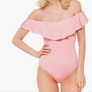 Trina Turk Women's Off Shoulder Ruffle Bandeau One Piece Swimsuit Pink Peach